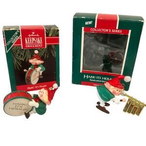 Hallmark 'Hark It's Herald' Series Elf 1989 & 1990 Vintage Christmas Ornaments
